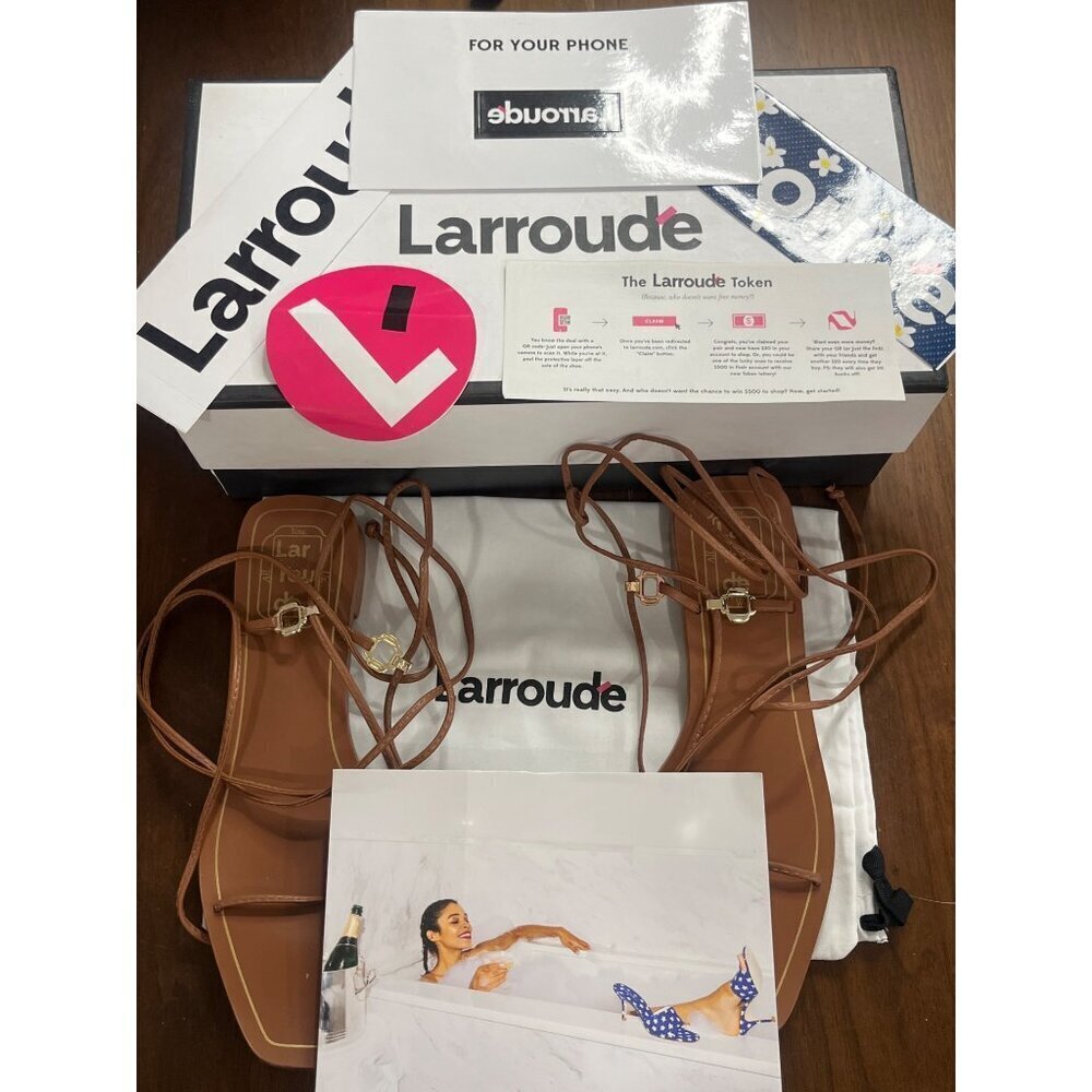 Larroude Portofino Flat Sandals in Caramel Leather 6 With Box Womens Wrap Slides - Picture 6 of 16
